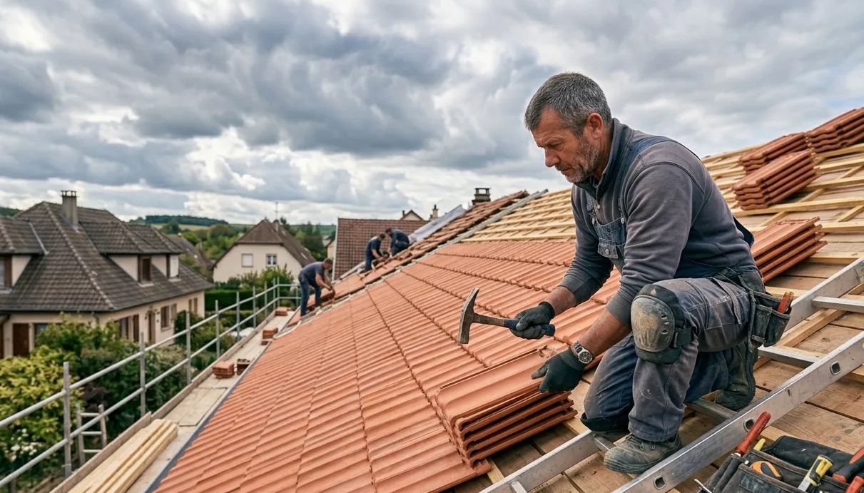 Couvreur-charpentier artisan en Moselle réalisant la pose d'une toiture sur charpente bois
