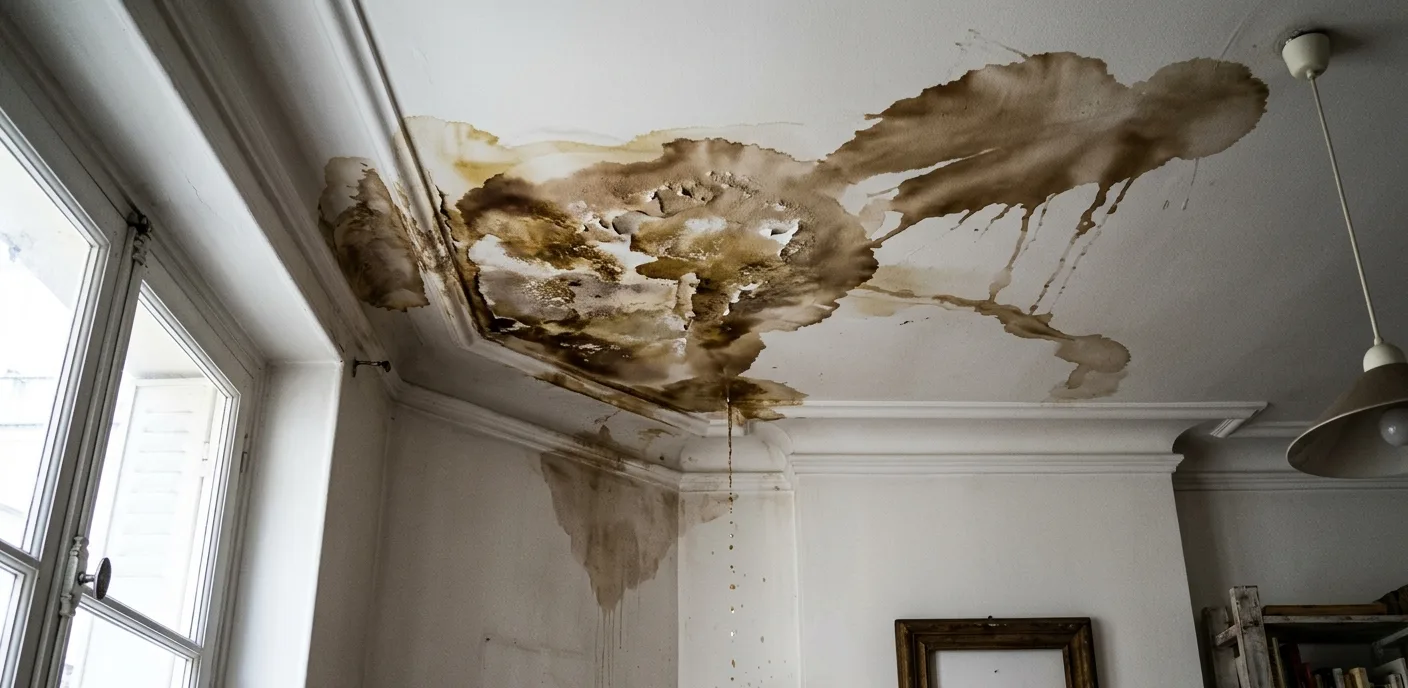 Plafond intérieur avec taches d'humidité et infiltration d'eau provenant d'une toiture-terrasse défaillante — sinistre décennal typique en étanchéité