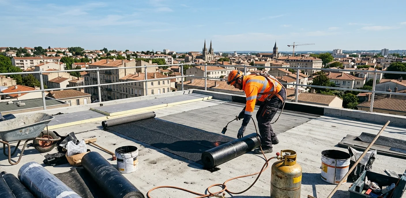Étancheur en Moselle posant une membrane bitumineuse sur une toiture-terrasse