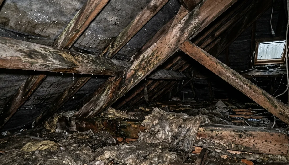Combles avec condensation et moisissures sur la charpente — sinistre décennal typique en isolation