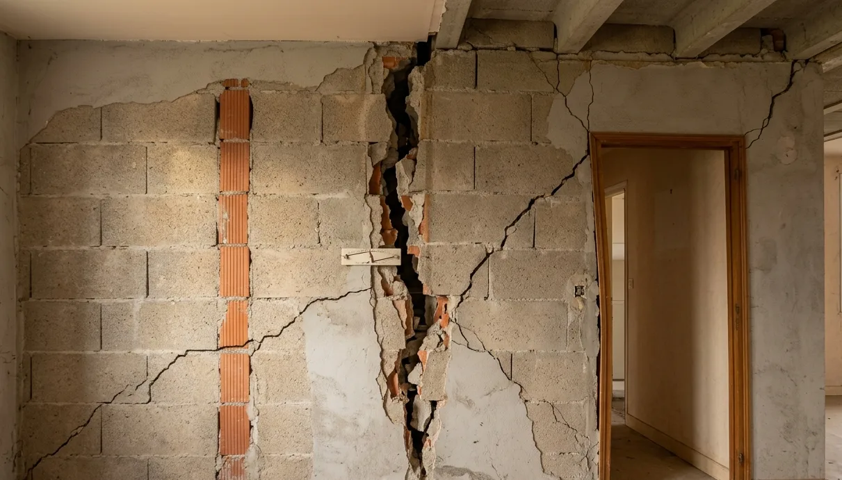 Fissure traversante sur mur porteur — sinistre décennale typique en maçonnerie