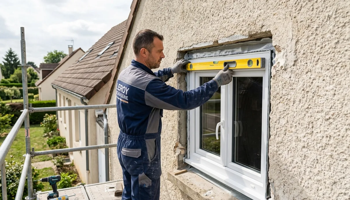 Menuisier artisan en Moselle posant une fenêtre PVC sur une maison résidentielle
