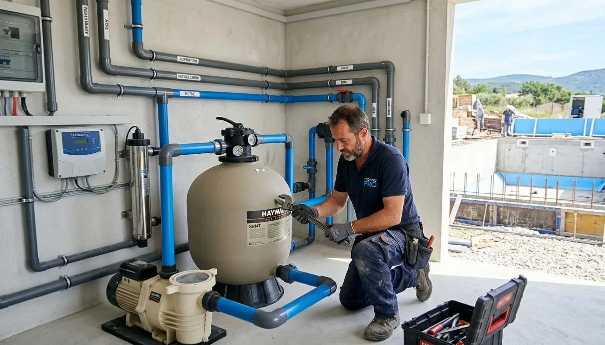 Pisciniste artisan en Moselle installant le système de filtration d'une piscine enterrée