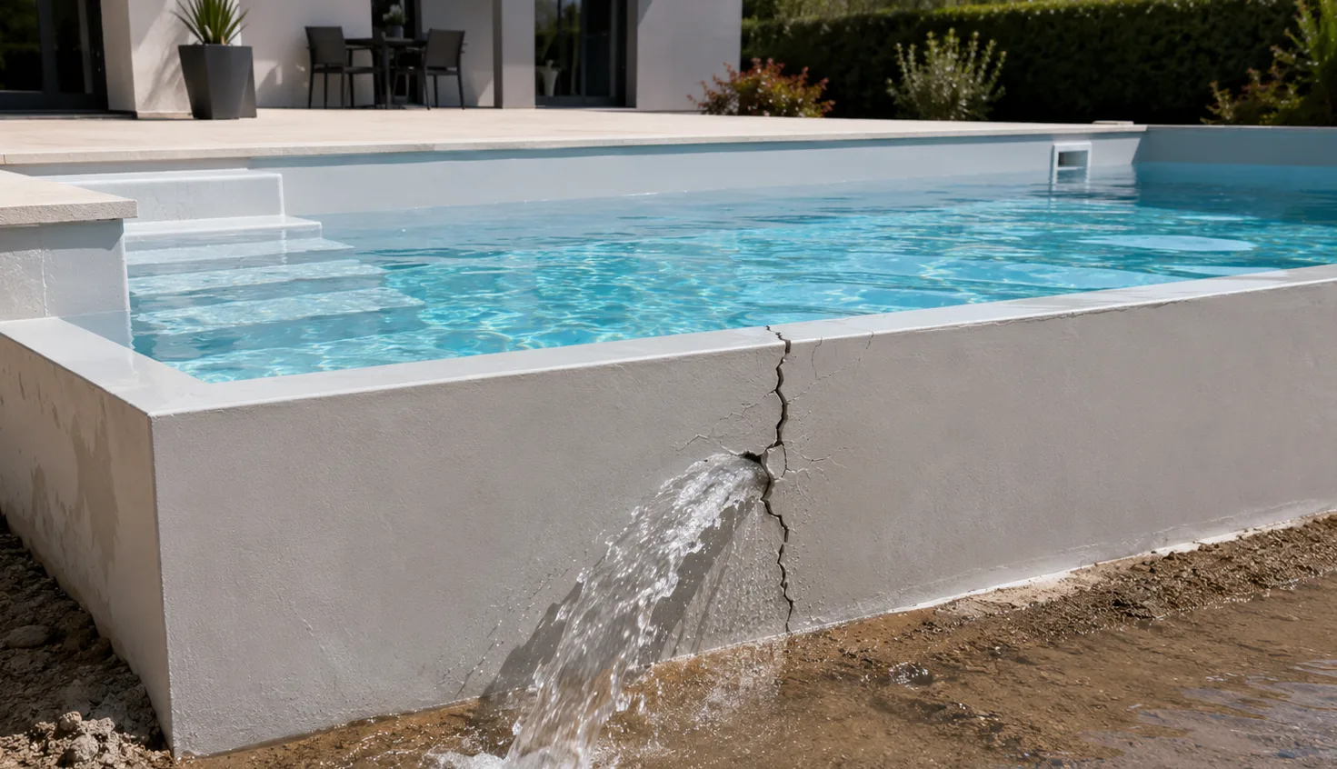 Piscine béton avec fissure structurelle et fuite d'eau — sinistre décennal typique en piscine