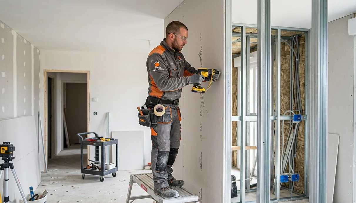 Plaquiste artisan en Moselle posant des plaques de plâtre BA13 sur ossature métallique
