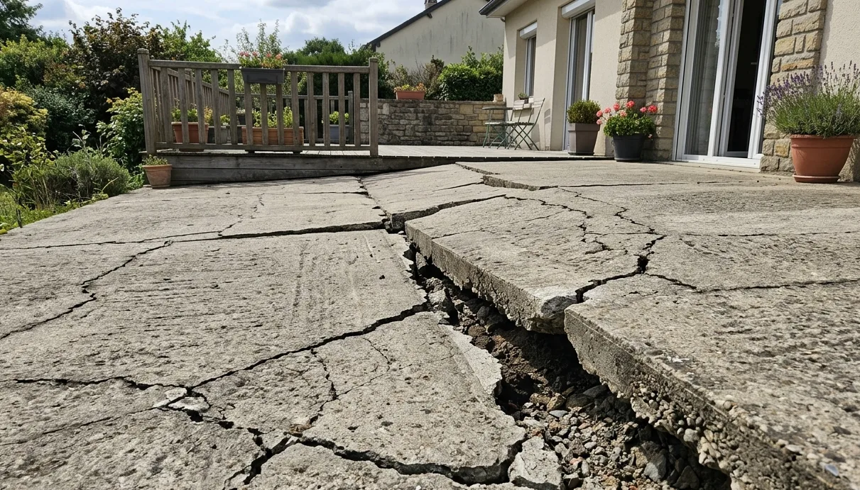 Dalle béton fissurée par tassement différentiel — sinistre décennal typique en terrassement